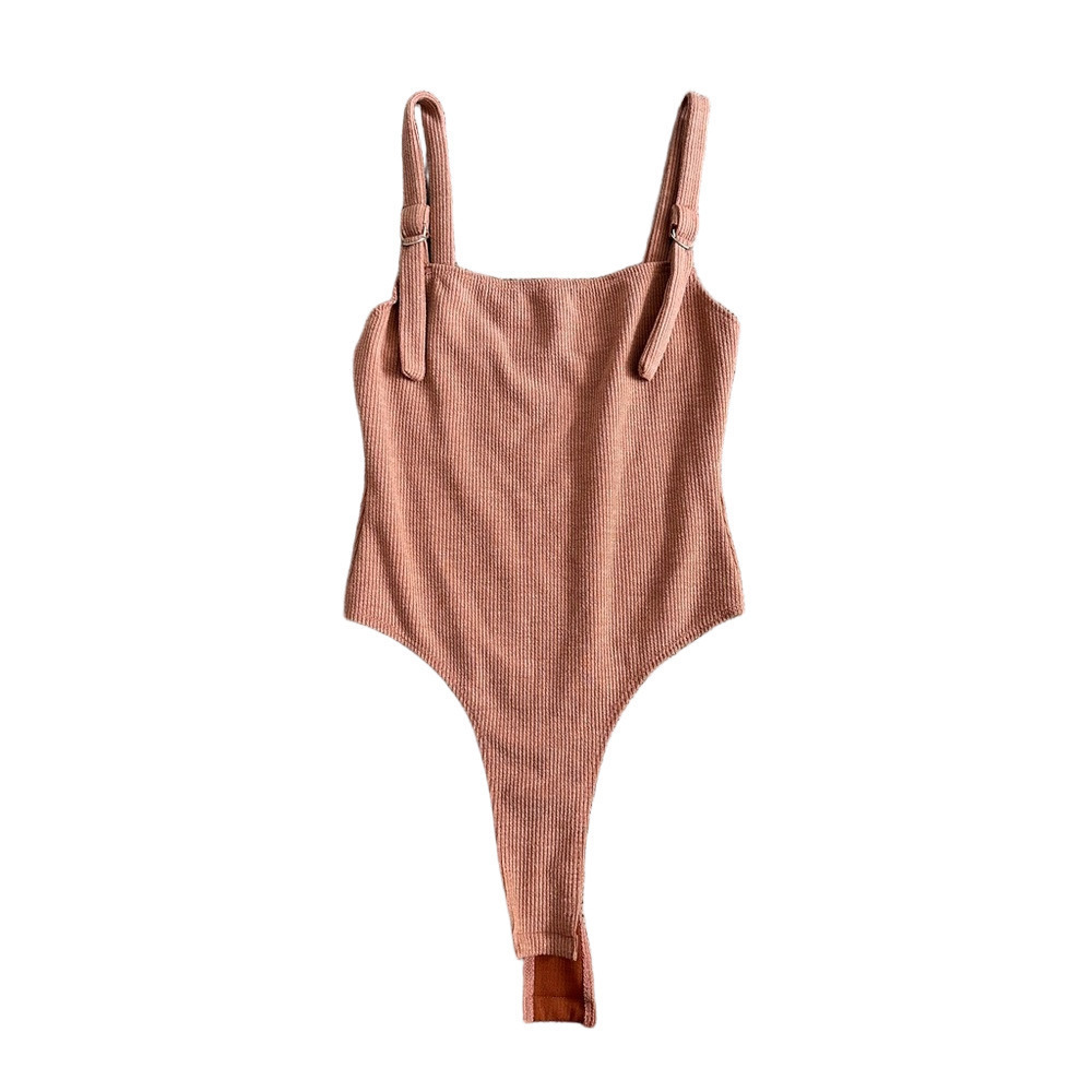PINK RIBBED BODYSUIT WITH SILVER CHAIN LINK STRAP DETAIL